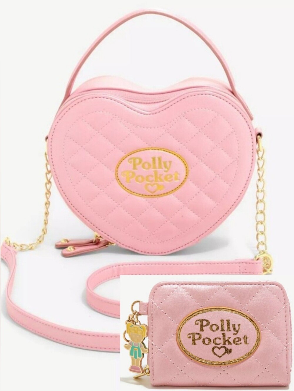Hot Topic Polly Pocket Heart Purse & Wallet Matching Set Quilted Crossbody AS IS - Picture 1 of 16